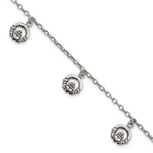 Sterling Silver Antiqued Claddagh Charms Bracelet, 7"