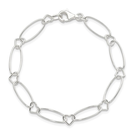 Sterling Silver Oval Link w/Hearts Bracelet