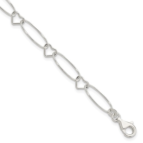 Sterling Silver Oval and Heart Link Bracelet, 7.5"