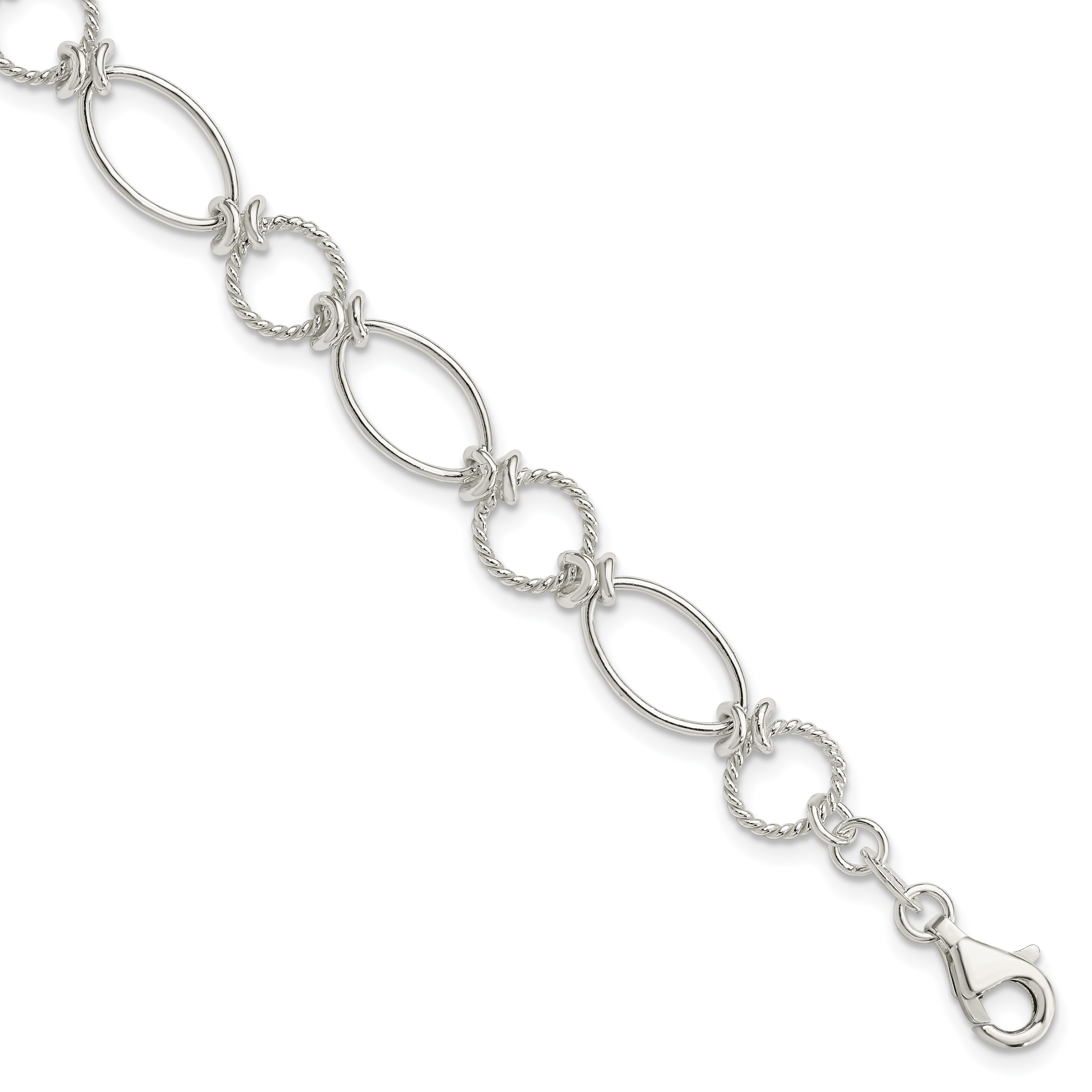 Sterling Silver Polished Textured Fancy Circle and Oval Link Bracelet (QG3059-7.5)