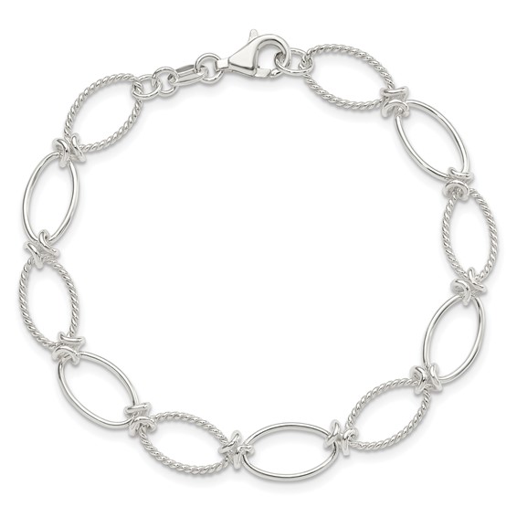 Sterling Silver Polished Textured Fancy Oval Link Bracelet