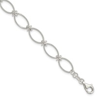 Sterling Silver Polished Textured Fancy Oval Link Bracelet, 7.5" view 1
