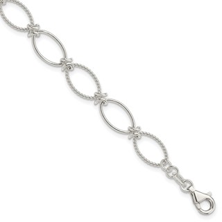 Sterling Silver Polished Textured Fancy Oval Link Bracelet