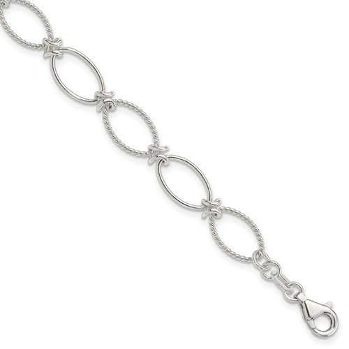 Sterling Silver Polished Textured Fancy Oval Link Bracelet, 7.5"