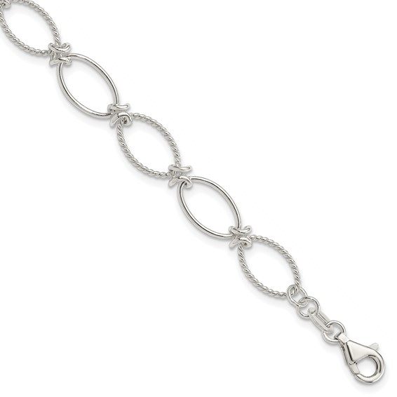 Sterling Silver Polished Textured Fancy Oval Link Bracelet