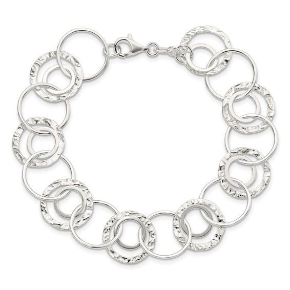 Sterling Silver Polished Textured Fancy Circle Link Bracelet