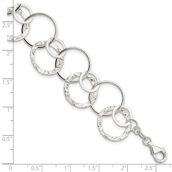 Sterling Silver Polished Textured Fancy Circle Link Bracelet