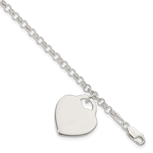 Sterling Silver Engravable 16x 18mm Heart Charm Rolo Link Bracelet, 7"