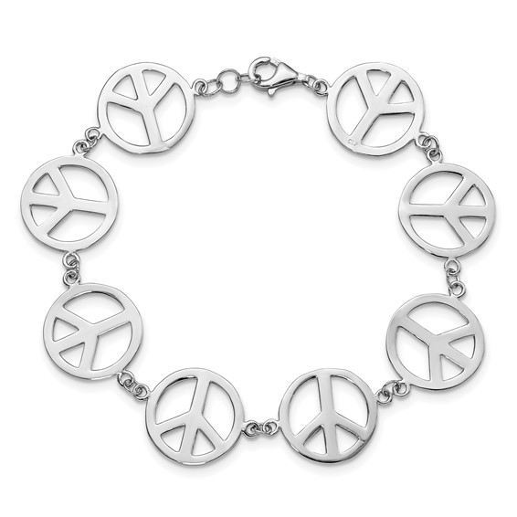 Sterling Silver Rhodium-plated 7.25in Peace Symbol Bracelet