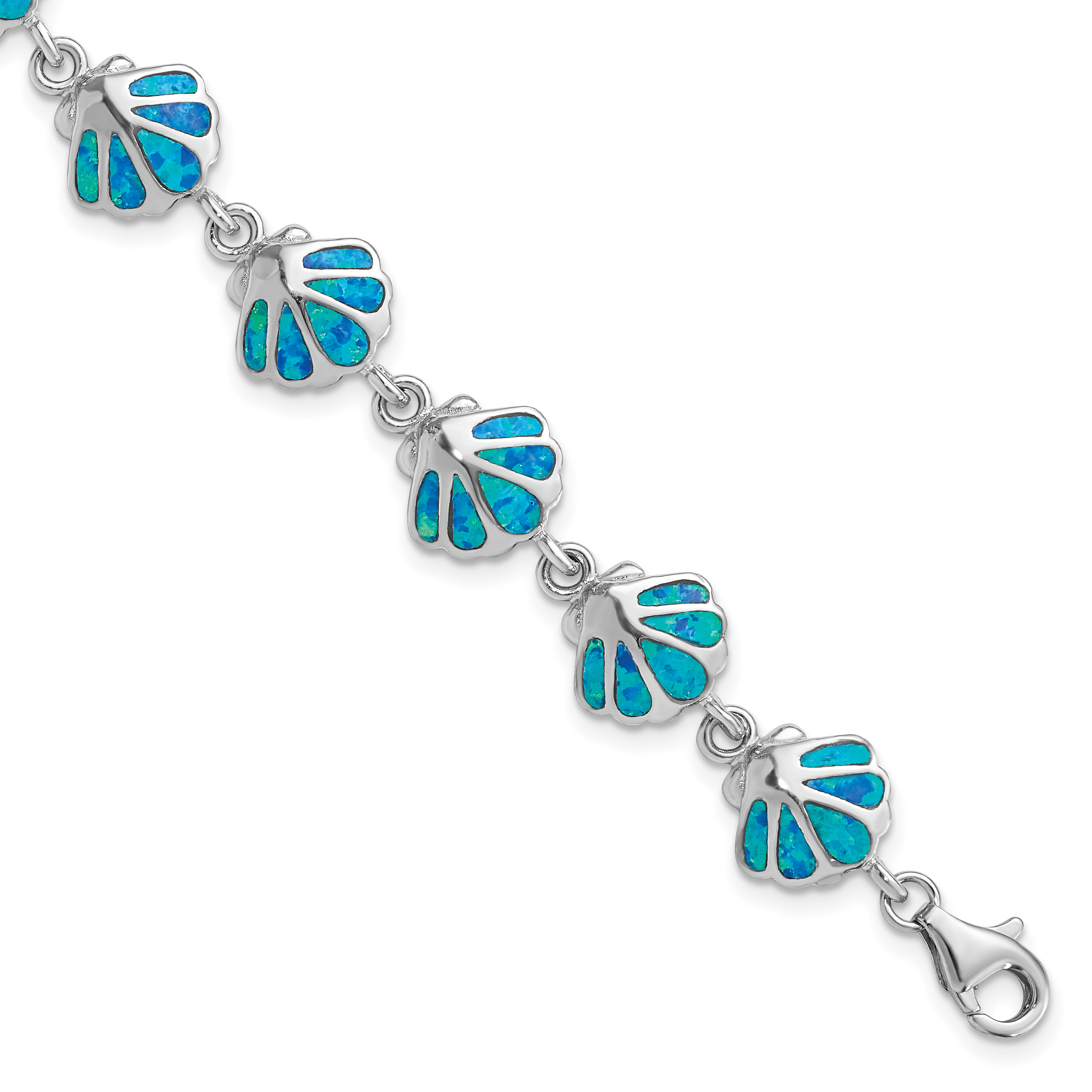 Sterling Silver Rhodium-plated 7in Created Blue Opal Inlay Shell Bracelet (QG3112-7)