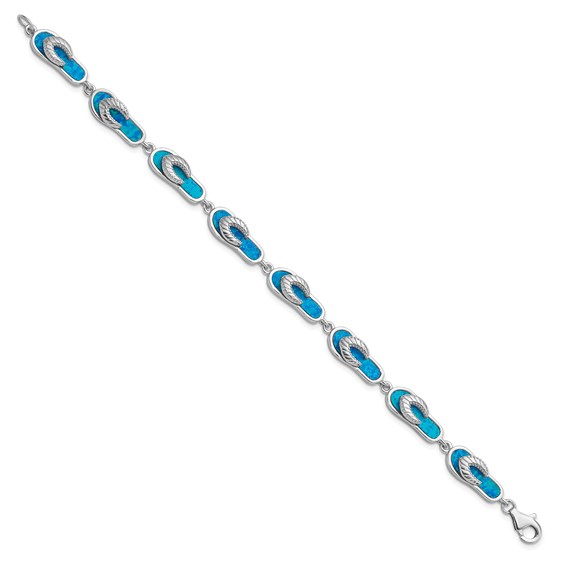 Sterling Silver Rhodium-plated 7in Created Blue Opal Inlay Sandal Bracelet