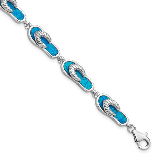 Sterling Silver Rhodium-plated Created Blue Opal Inlay Sandal Bracelet, 7"