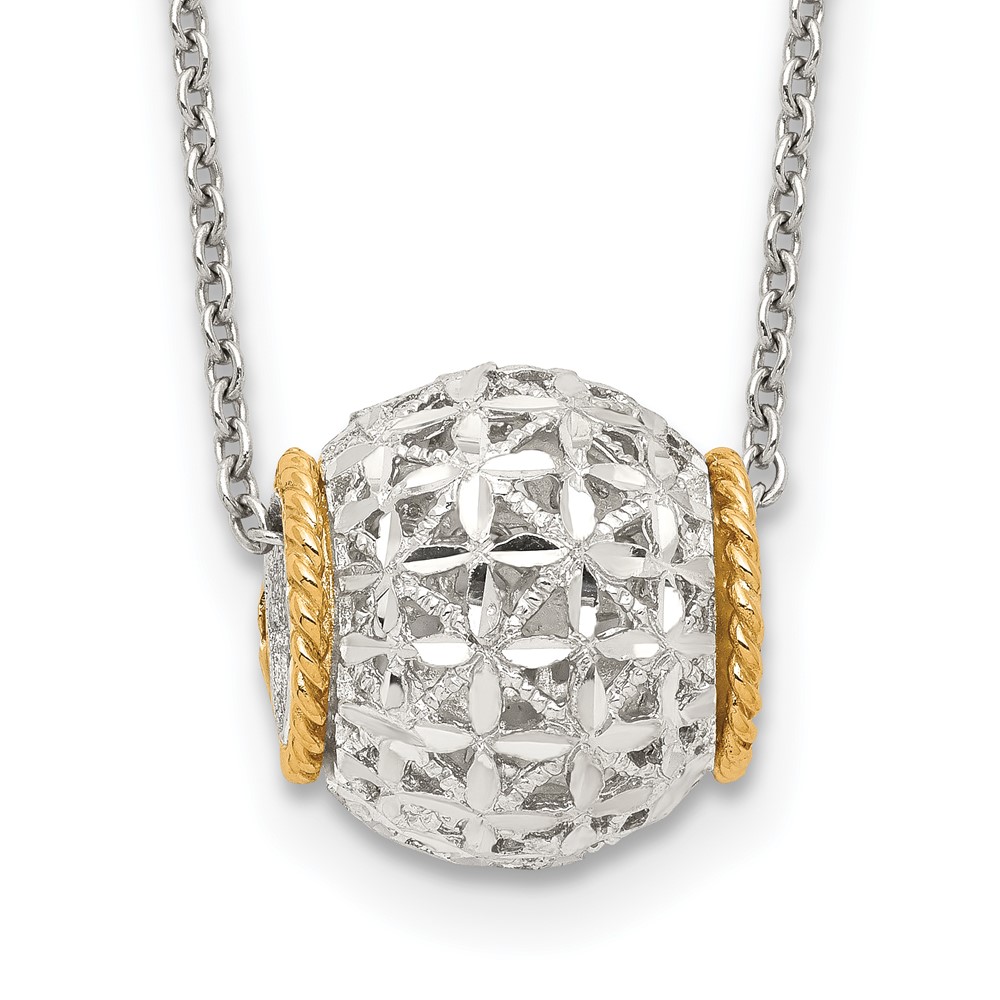 Sterling Silver Rhod-pltd Necklace with 14K Accent Spinner Barrel Pendant