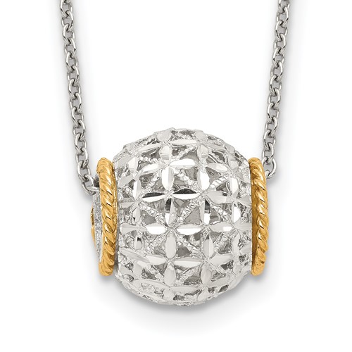 Sterling Silver Rhod-pltd Necklace with 14K Accent Spinner Barrel Pendant