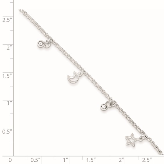 Sterling Silver Star and Moon 9 inch Plus 1 inch Extender - Total 10 inch Anklet