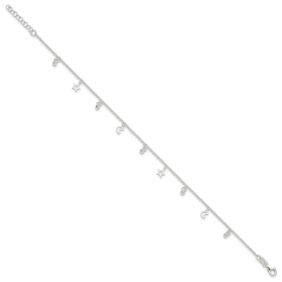 Sterling Silver Star and Moon 9 inch Plus 1 inch Extender - Total 10 inch Anklet