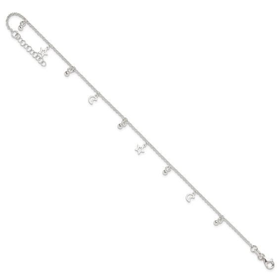 Sterling Silver Star and Moon 9 inch Plus 1 inch Extender - Total 10 inch Anklet