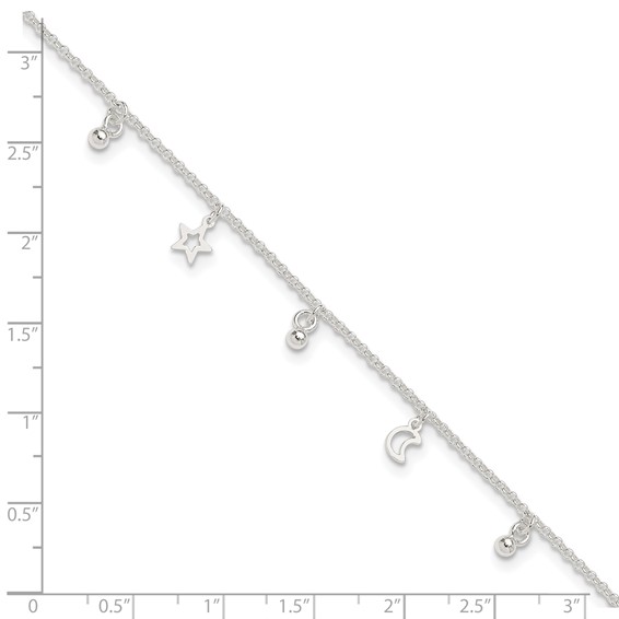 Sterling Silver Star and Moon 9 inch Plus 1 inch Extender - Total 10 inch Anklet