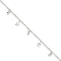 Sterling Silver Star and Moon Plus 1 Inch Extender - Total 10 Inch Anklet - 9in view 1