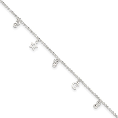 Sterling Silver Star and Moon Plus 1 Inch Extender - Total 10 Inch Anklet, 9"