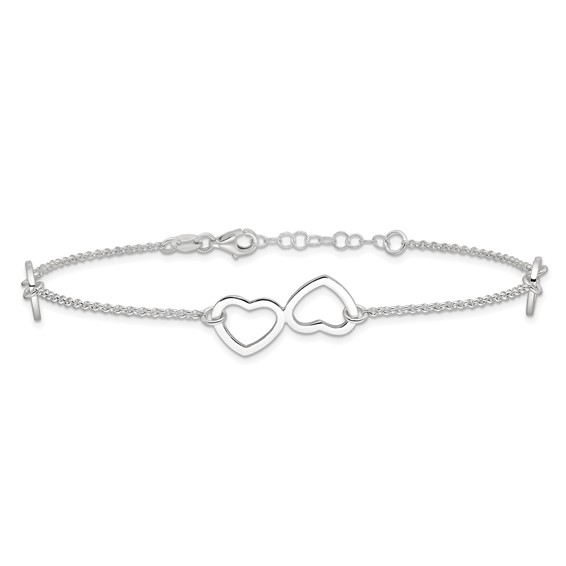 Sterling Silver Hearts 9 inch Plus 1 inch Extender - Total 10 inch Anklet