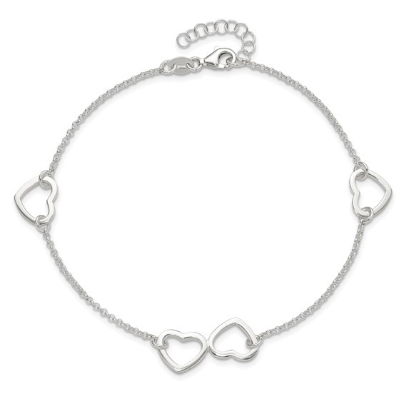 Sterling Silver Hearts 9 inch Plus 1 inch Extender - Total 10 inch Anklet