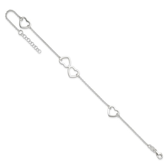 Sterling Silver Hearts 9 inch Plus 1 inch Extender - Total 10 inch Anklet