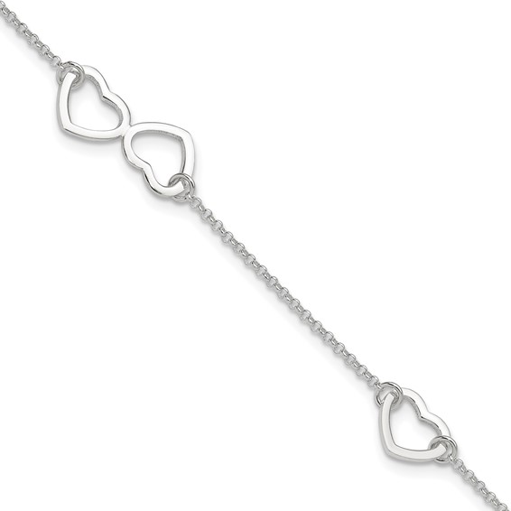 Sterling Silver Hearts 9 inch Plus 1 inch Extender - Total 10 inch Anklet