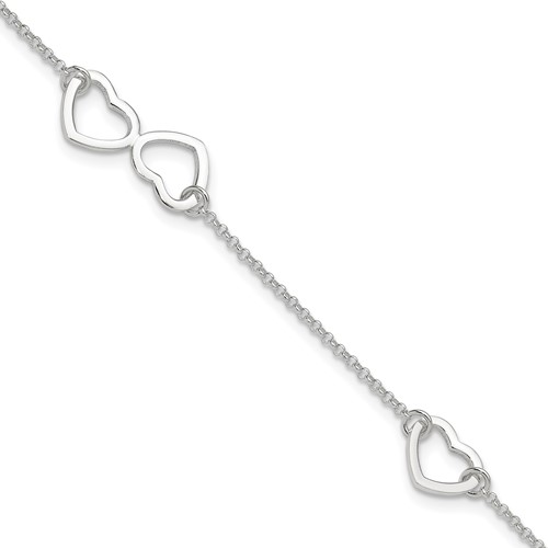 Sterling Silver Hearts Plus 1 Inch Extender - Total 10 Inch Anklet, 9"