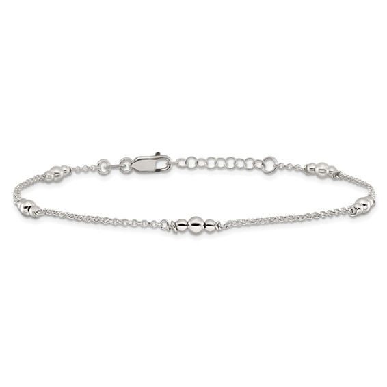 Sterling Silver Beaded 5-Station 10 inch Plus 1 inch Extender - Total 11 inch Anklet