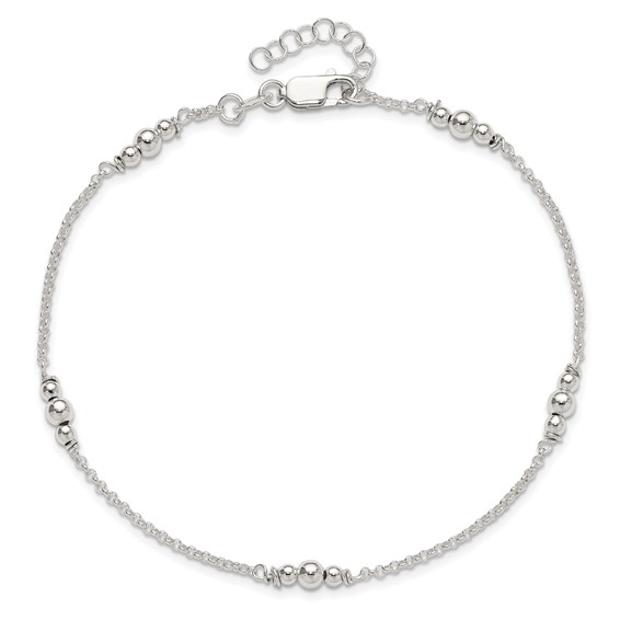 Sterling Silver Beaded 5-Station 10 inch Plus 1 inch Extender - Total 11 inch Anklet