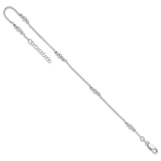 Sterling Silver Beaded 5-Station 9 inch Plus 1 inch Extender - Total 10 inch Anklet
