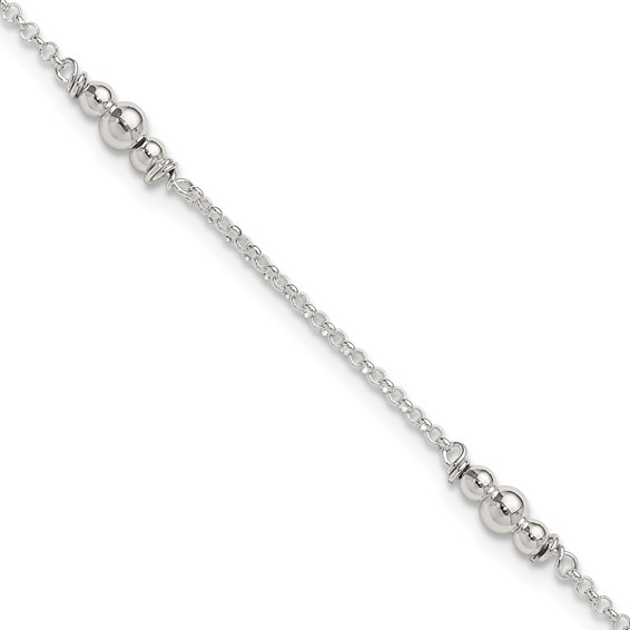 Sterling Silver Beaded 5-Station 9 inch Plus 1 inch Extender - Total 10 inch Anklet