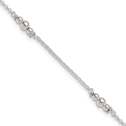 Sterling Silver Beaded 5-Station Plus 1 Inch Extender - Total 10 Inch Anklet, 9"