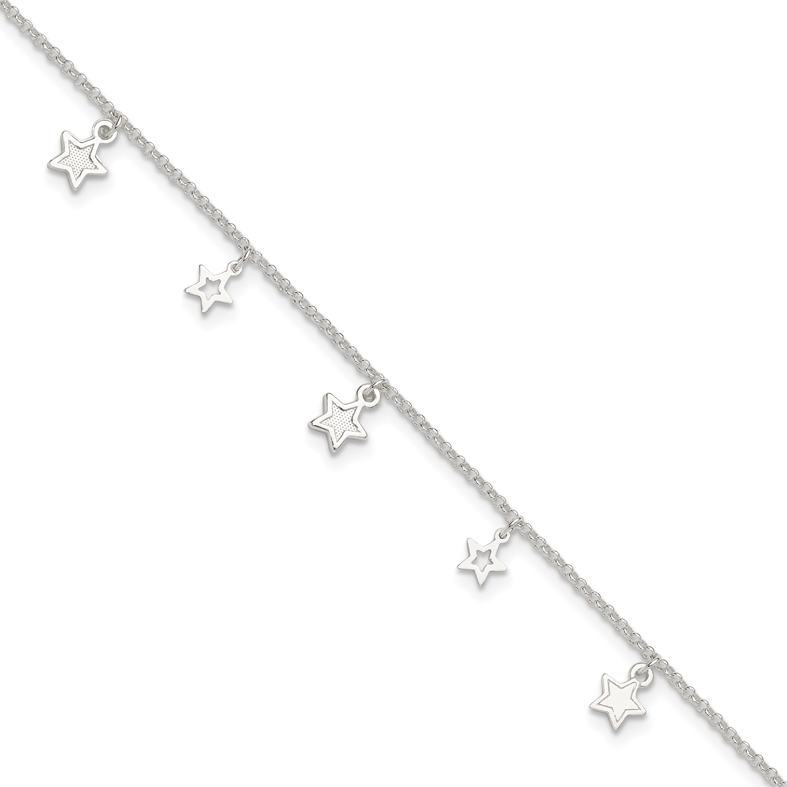 Sterling Silver Polished and Textured Star 9in Plus 1in Ext. Anklet (QG3137-9)