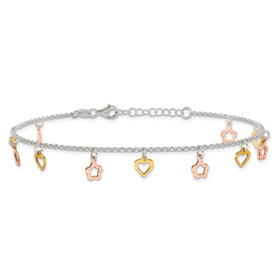 Sterling Silver Gold-tone Hearts and Rose-tone Flowers 9 inch Plus 1 inch Extender - Total 10 inch Anklet
