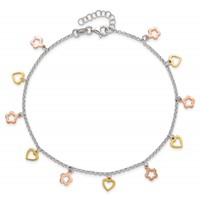 Sterling Silver Gold-tone Hearts and Rose-tone Flowers Plus 1 Inch Extender - Total 10 Inch Anklet, 9" view 5