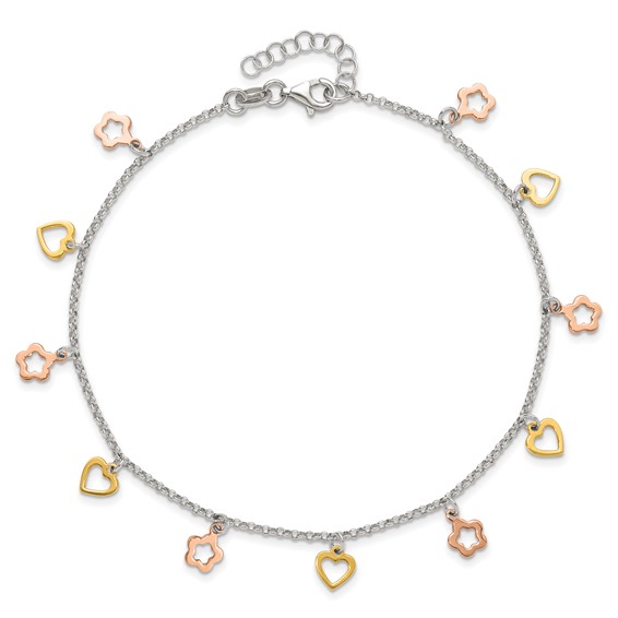 Sterling Silver Gold-tone Hearts and Rose-tone Flowers 9 inch Plus 1 inch Extender - Total 10 inch Anklet