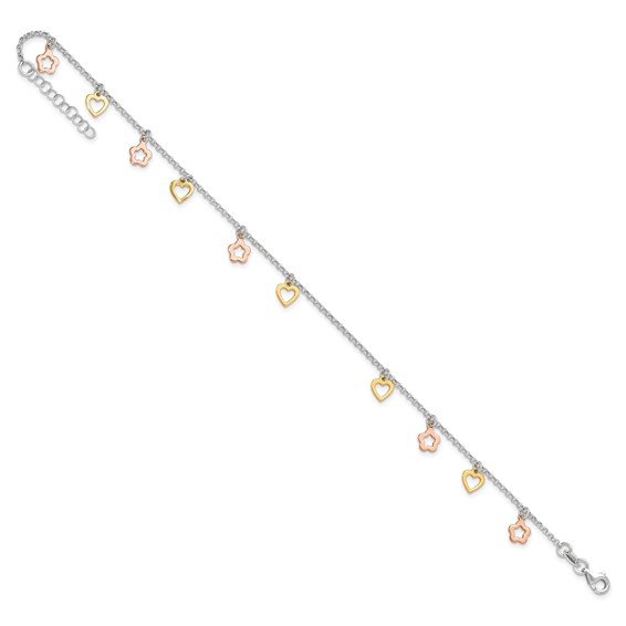 Sterling Silver Gold-tone Hearts and Rose-tone Flowers 9 inch Plus 1 inch Extender - Total 10 inch Anklet