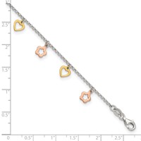 Sterling Silver Gold-tone Hearts and Rose-tone Flowers Plus 1 Inch Extender - Total 10 Inch Anklet, 9" view 4
