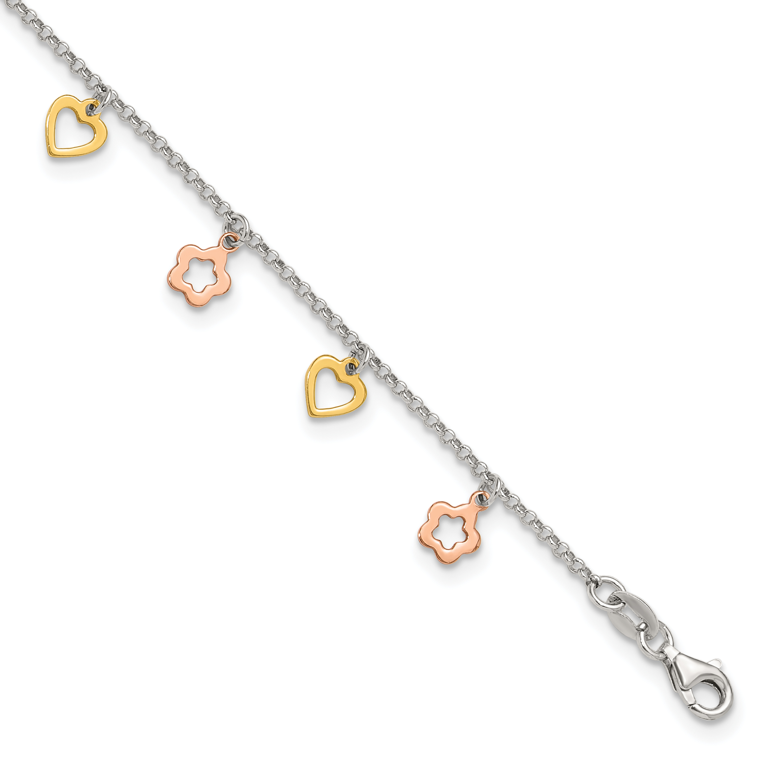 Sterling Silver Gold and Rose-tone Heart Flower 9in Plus 1in ext. Anklet (QG3138-9)