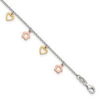 Sterling Silver Gold-tone Hearts and Rose-tone Flowers Plus 1 Inch Extender - Total 10 Inch Anklet, 9" view 1