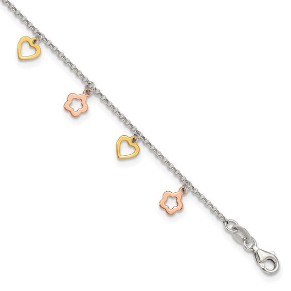 Sterling Silver Gold-tone Hearts and Rose-tone Flowers 9 inch Plus 1 inch Extender - Total 10 inch Anklet