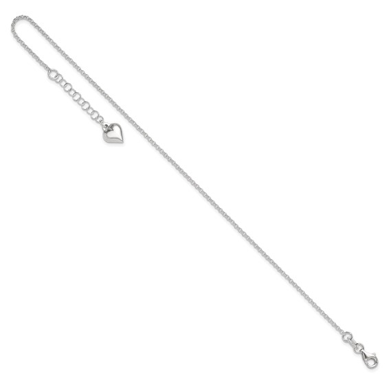Sterling Silver Puffed Heart Dangle 9 inch Plus 1 inch Extender - Total 10 inch Anklet