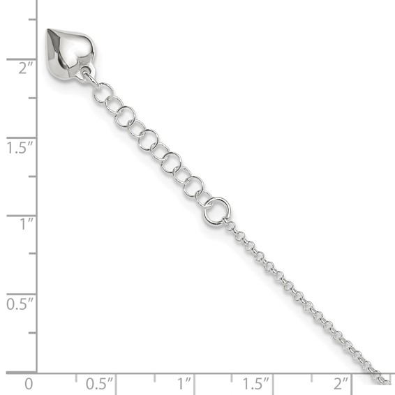 Sterling Silver Puffed Heart Dangle 9 inch Plus 1 inch Extender - Total 10 inch Anklet
