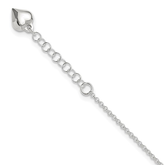 Sterling Silver Puffed Heart Dangle 9 inch Plus 1 inch Extender - Total 10 inch Anklet