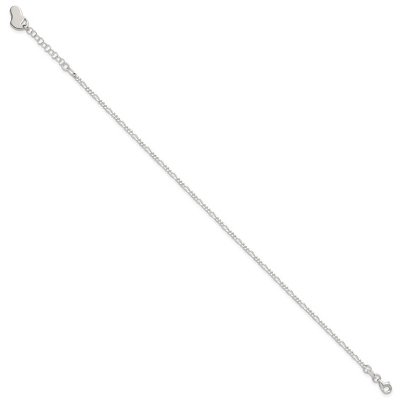 Sterling Silver Figaro with Heart Dangle 9 inch Plus 1 inch Extender - Total 10 inch Anklet