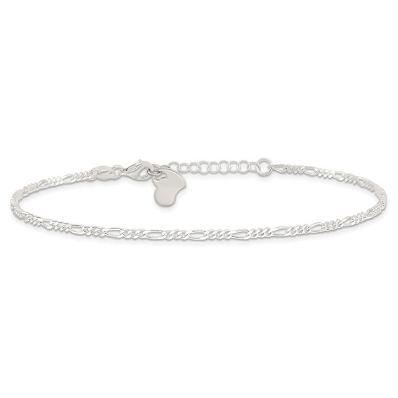 Sterling Silver Figaro with Heart Dangle 9 inch Plus 1 inch Extender - Total 10 inch Anklet
