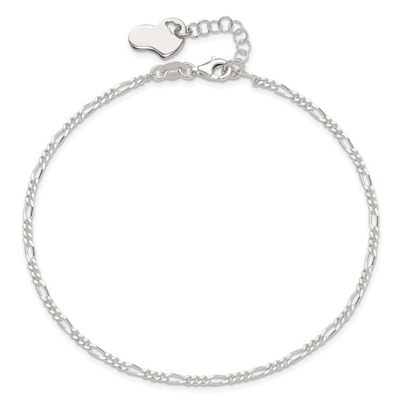 Sterling Silver Figaro with Heart Dangle 9 inch Plus 1 inch Extender - Total 10 inch Anklet