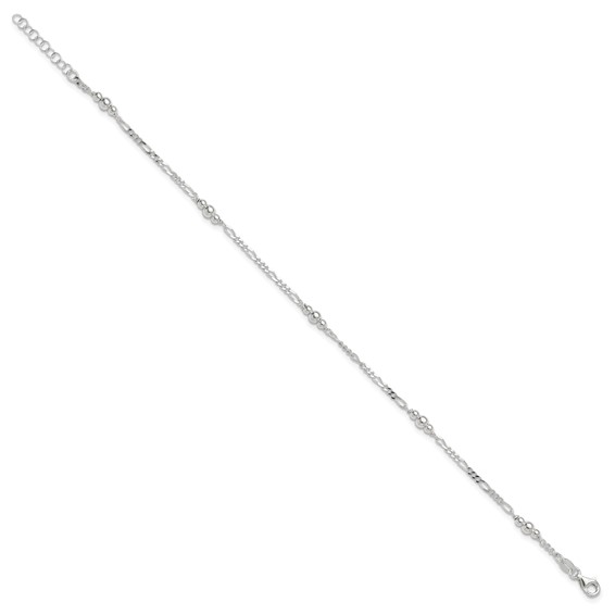 Sterling Silver Beaded Figaro 5-Station 9 inch Plus 1 inch Extender - Total 10 inch Anklet